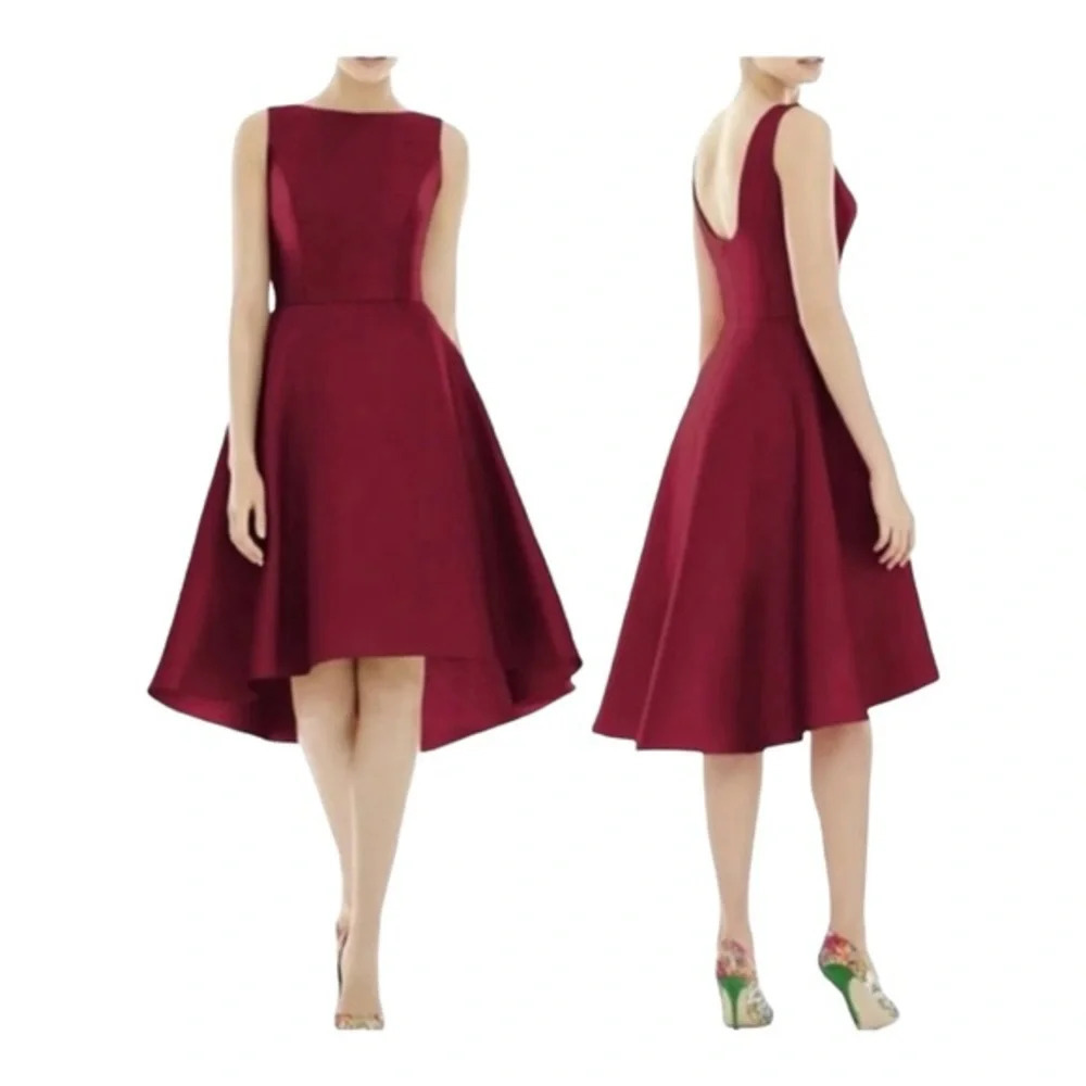 Alfred Sung D697 Burgundy Satin High Low Cocktail Dress Size‎ 14 NWOT